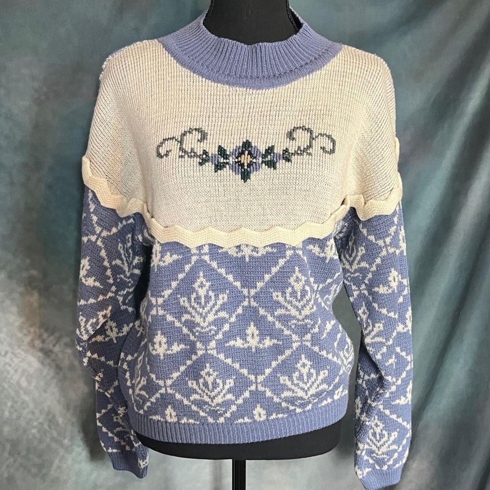 Cabin Creek‎ Womens Sweater Large Blue Beige Cottagecore Floral Knit Top